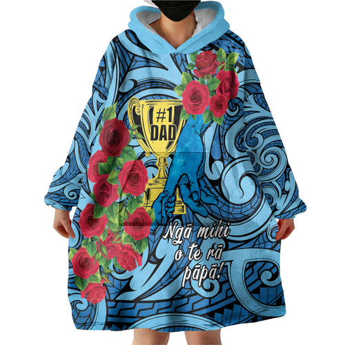 Personalised New Zealand Father's Day Wearable Blanket Hoodie Best Dad Trophy Red Rose Maori Pattern