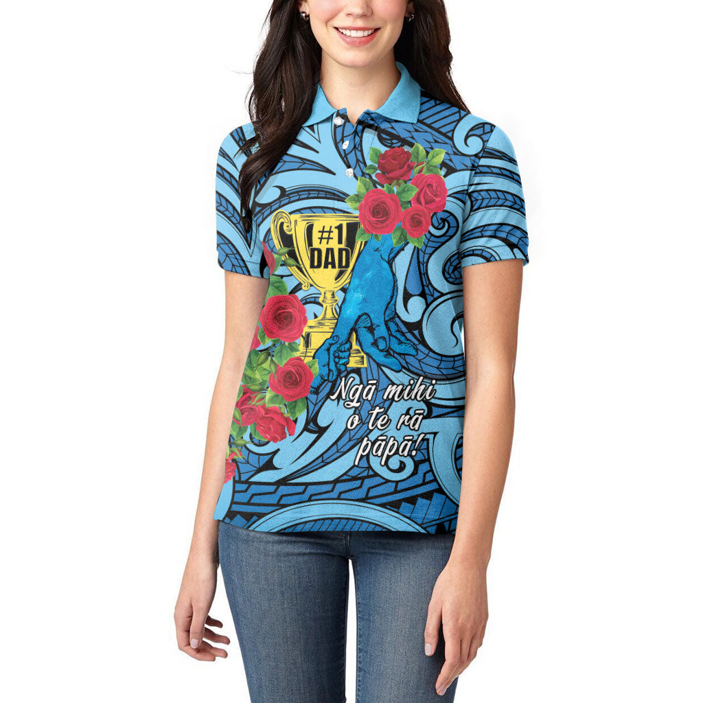 Personalised New Zealand Father's Day Women Polo Shirt Best Dad Trophy Red Rose Maori Pattern