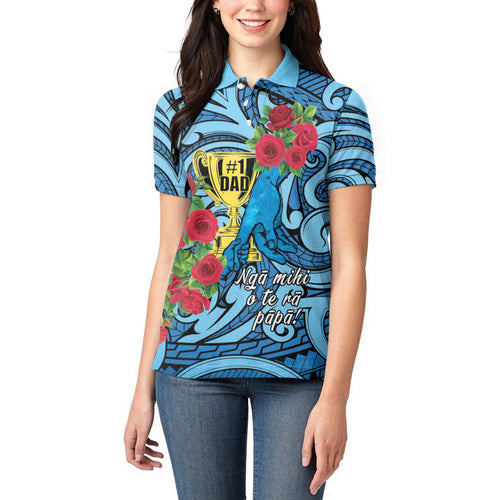 Personalised New Zealand Father's Day Women Polo Shirt Best Dad Trophy Red Rose Maori Pattern