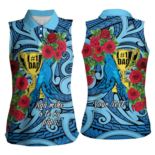 Personalised New Zealand Father's Day Women Sleeveless Polo Shirt Best Dad Trophy Red Rose Maori Pattern