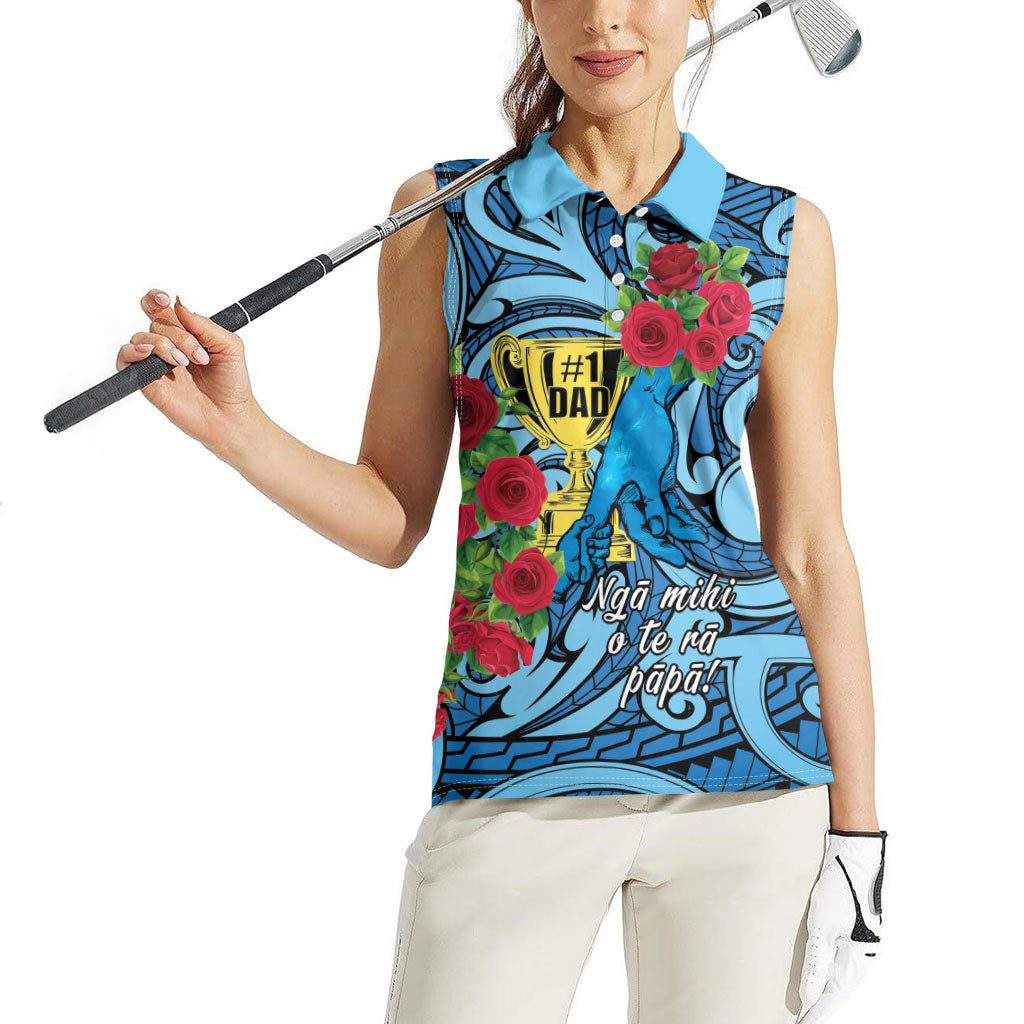 Personalised New Zealand Father's Day Women Sleeveless Polo Shirt Best Dad Trophy Red Rose Maori Pattern