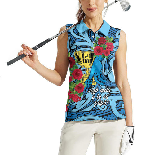 Personalised New Zealand Father's Day Women Sleeveless Polo Shirt Best Dad Trophy Red Rose Maori Pattern