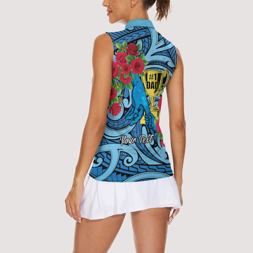 Personalised New Zealand Father's Day Women Sleeveless Polo Shirt Best Dad Trophy Red Rose Maori Pattern