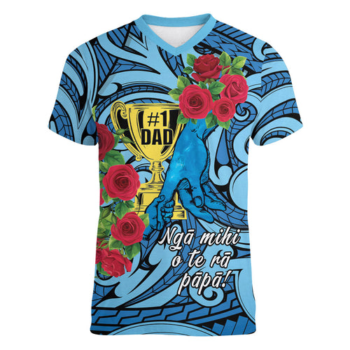 Personalised New Zealand Father's Day Women V-Neck T-Shirt Best Dad Trophy Red Rose Maori Pattern