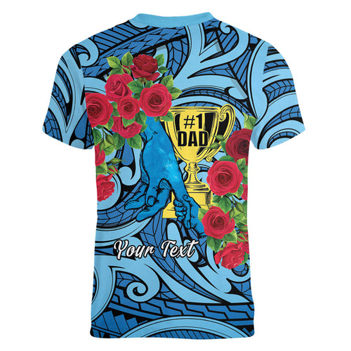 Personalised New Zealand Father's Day Women V-Neck T-Shirt Best Dad Trophy Red Rose Maori Pattern