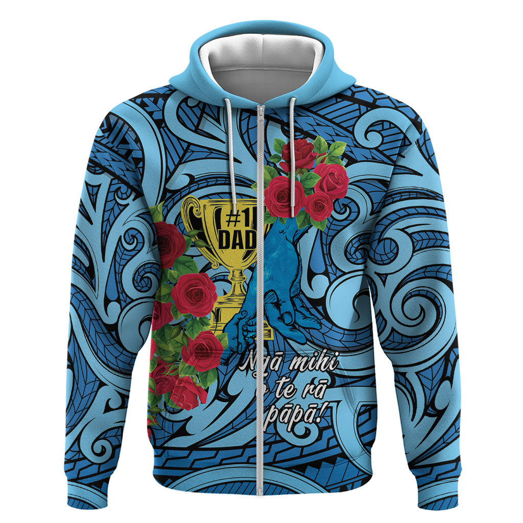 Personalised New Zealand Father's Day Zip Hoodie Best Dad Trophy Red Rose Maori Pattern