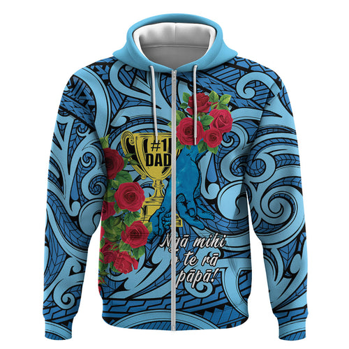 Personalised New Zealand Father's Day Zip Hoodie Best Dad Trophy Red Rose Maori Pattern