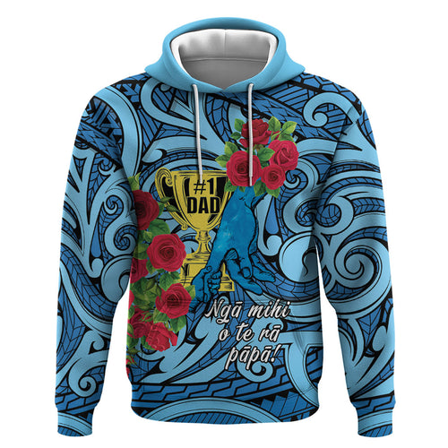 Personalised New Zealand Father's Day Zip Hoodie Best Dad Trophy Red Rose Maori Pattern
