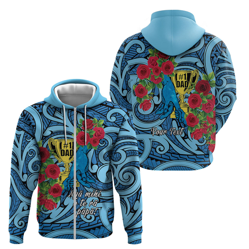 Personalised New Zealand Father's Day Zip Hoodie Best Dad Trophy Red Rose Maori Pattern