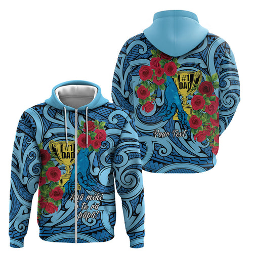 Personalised New Zealand Father's Day Zip Hoodie Best Dad Trophy Red Rose Maori Pattern