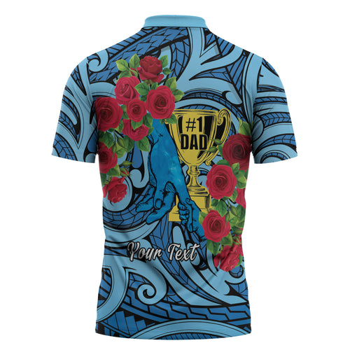 Personalised New Zealand Father's Day Zipper Polo Shirt Best Dad Trophy Red Rose Maori Pattern