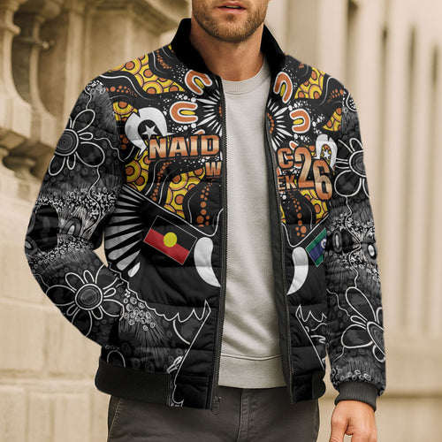 Magpies NAIDOC Week 2026 Personalised Bomber Puffer Jacket Australian Aboriginal Torres Strait Islander Flag