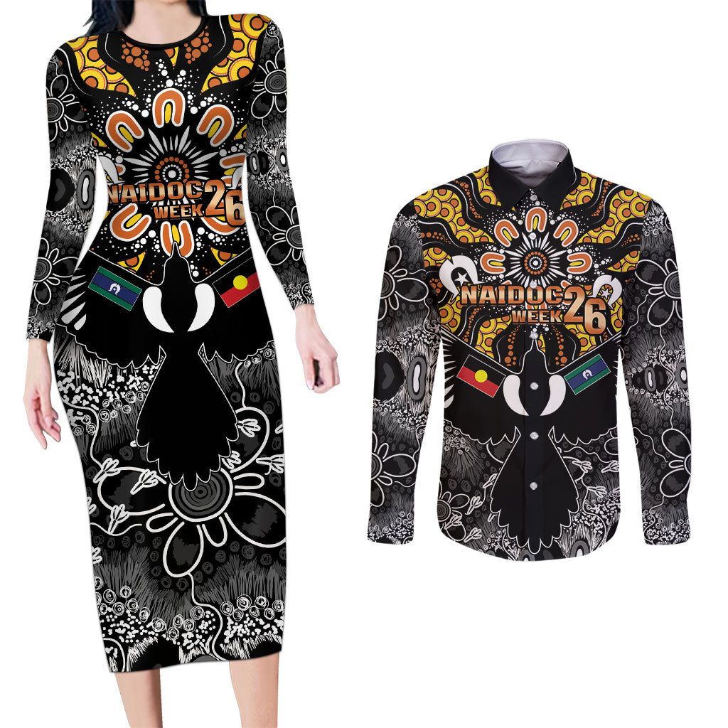 Magpies NAIDOC Week 2026 Personalised Couples Matching Long Sleeve Bodycon Dress and Long Sleeve Button Shirt Australian Aboriginal Torres Strait Islander Flag