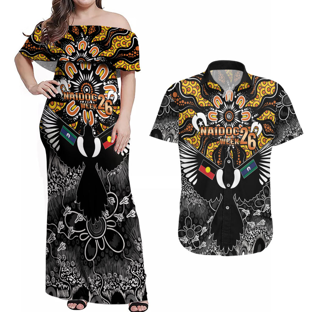 Magpies NAIDOC Week 2026 Personalised Couples Matching Off Shoulder Maxi Dress and Hawaiian Shirt Australian Aboriginal Torres Strait Islander Flag