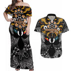 Magpies NAIDOC Week 2026 Personalised Couples Matching Off Shoulder Maxi Dress and Hawaiian Shirt Australian Aboriginal Torres Strait Islander Flag