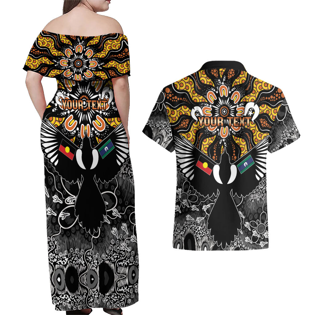 Magpies NAIDOC Week 2026 Personalised Couples Matching Off Shoulder Maxi Dress and Hawaiian Shirt Australian Aboriginal Torres Strait Islander Flag