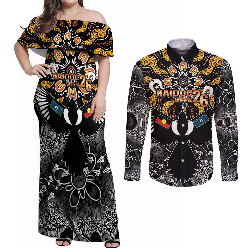 Magpies NAIDOC Week 2026 Personalised Couples Matching Off Shoulder Maxi Dress and Long Sleeve Button Shirt Australian Aboriginal Torres Strait Islander Flag