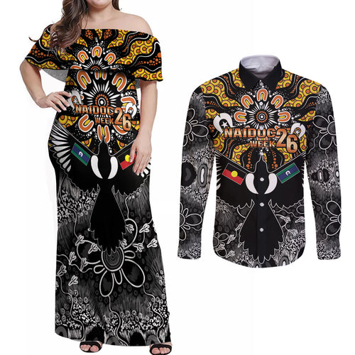 Magpies NAIDOC Week 2026 Personalised Couples Matching Off Shoulder Maxi Dress and Long Sleeve Button Shirt Australian Aboriginal Torres Strait Islander Flag