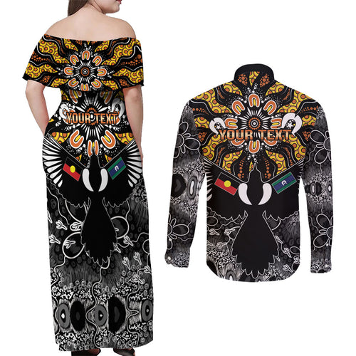 Magpies NAIDOC Week 2026 Personalised Couples Matching Off Shoulder Maxi Dress and Long Sleeve Button Shirt Australian Aboriginal Torres Strait Islander Flag