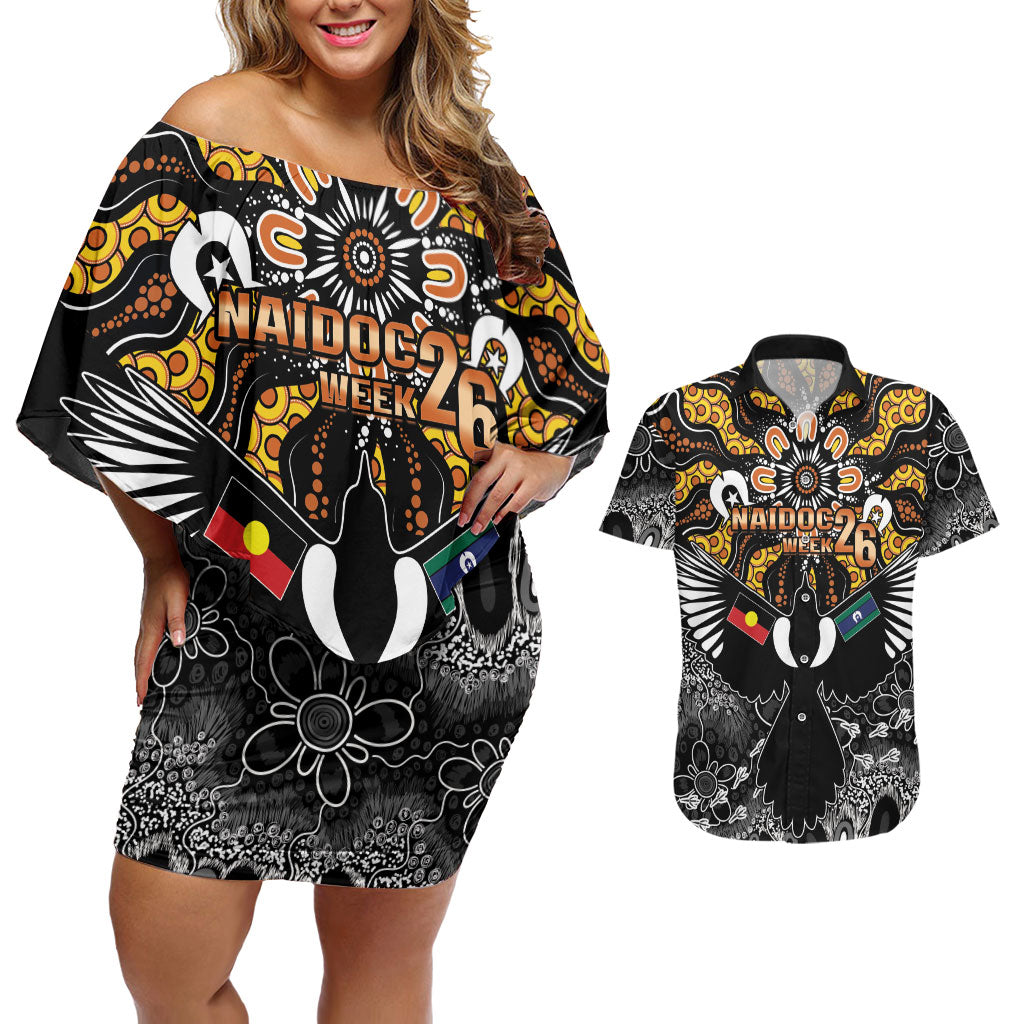 Magpies NAIDOC Week 2026 Personalised Couples Matching Off Shoulder Short Dress and Hawaiian Shirt Australian Aboriginal Torres Strait Islander Flag