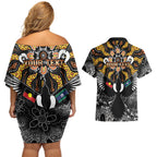 Magpies NAIDOC Week 2026 Personalised Couples Matching Off Shoulder Short Dress and Hawaiian Shirt Australian Aboriginal Torres Strait Islander Flag
