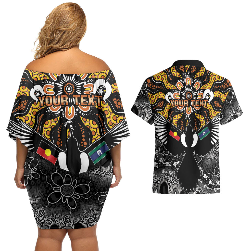 Magpies NAIDOC Week 2026 Personalised Couples Matching Off Shoulder Short Dress and Hawaiian Shirt Australian Aboriginal Torres Strait Islander Flag