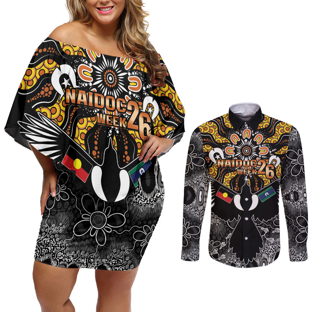 Magpies NAIDOC Week 2026 Personalised Couples Matching Off Shoulder Short Dress and Long Sleeve Button Shirt Australian Aboriginal Torres Strait Islander Flag