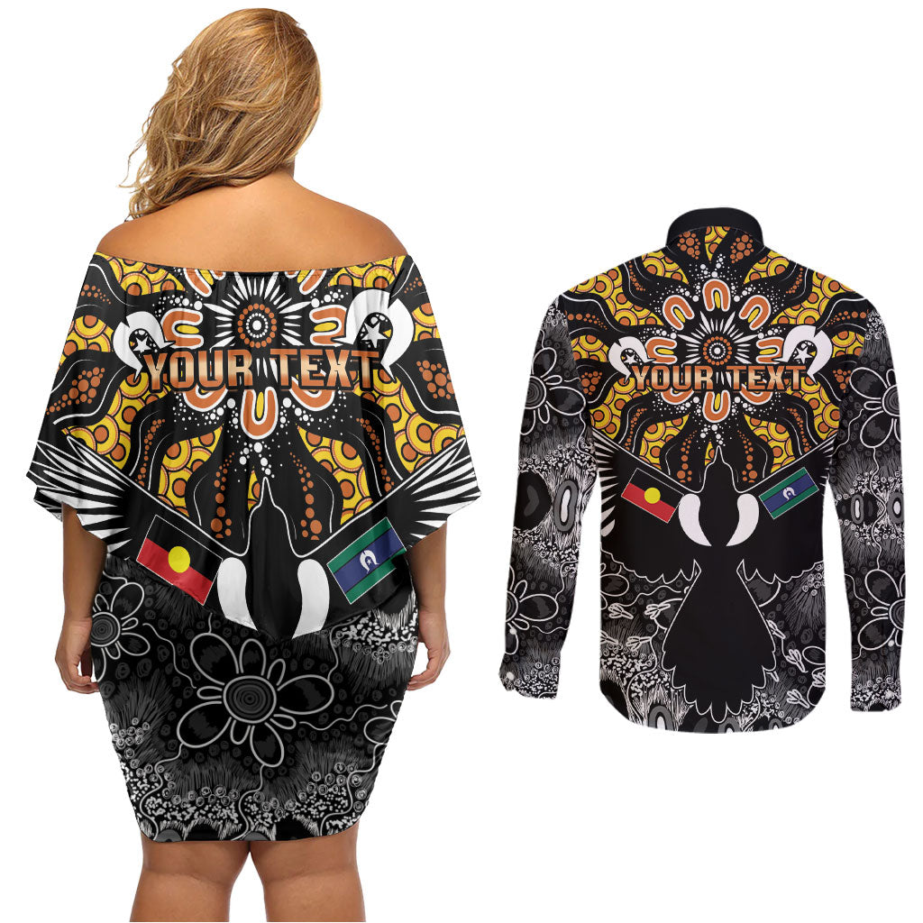 Magpies NAIDOC Week 2026 Personalised Couples Matching Off Shoulder Short Dress and Long Sleeve Button Shirt Australian Aboriginal Torres Strait Islander Flag