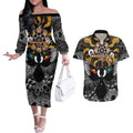 Magpies NAIDOC Week 2026 Personalised Couples Matching Off The Shoulder Long Sleeve Dress and Hawaiian Shirt Australian Aboriginal Torres Strait Islander Flag