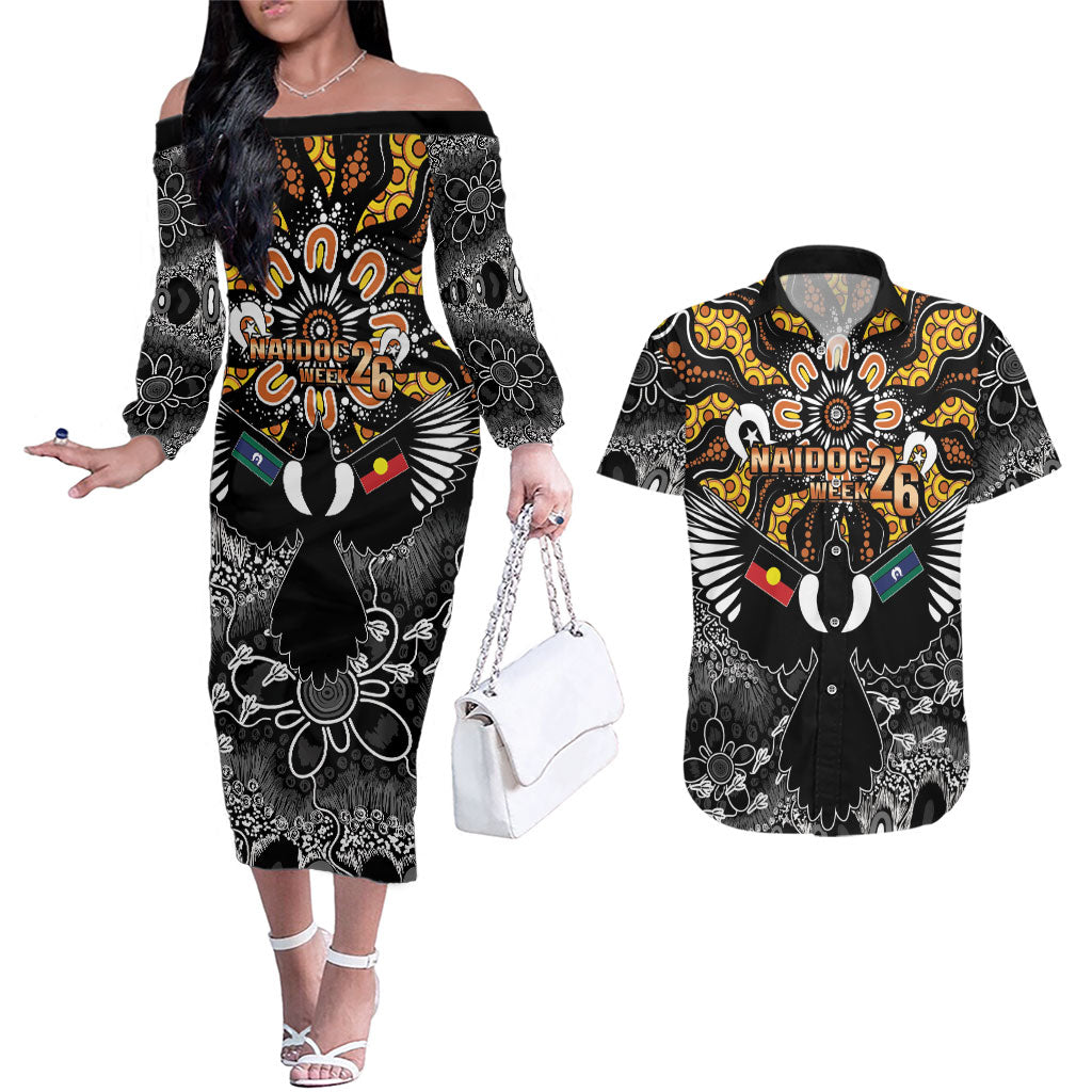 Magpies NAIDOC Week 2026 Personalised Couples Matching Off The Shoulder Long Sleeve Dress and Hawaiian Shirt Australian Aboriginal Torres Strait Islander Flag
