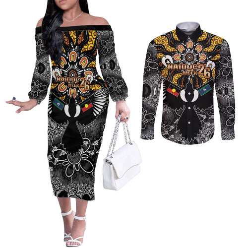 Magpies NAIDOC Week 2026 Personalised Couples Matching Off The Shoulder Long Sleeve Dress and Long Sleeve Button Shirt Australian Aboriginal Torres Strait Islander Flag
