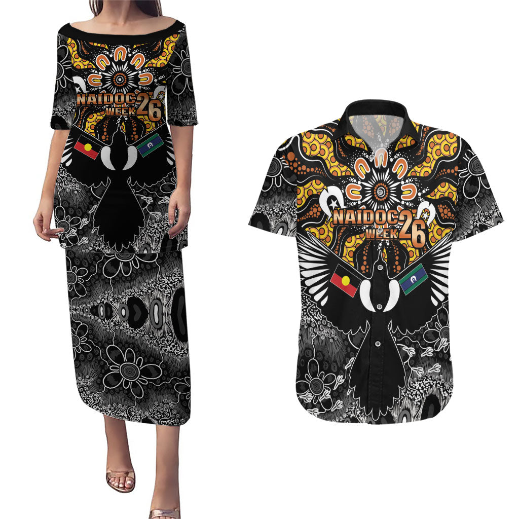 Magpies NAIDOC Week 2026 Personalised Couples Matching Puletasi and Hawaiian Shirt Australian Aboriginal Torres Strait Islander Flag