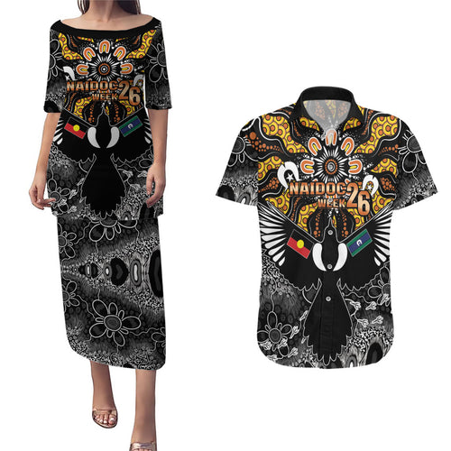 Magpies NAIDOC Week 2026 Personalised Couples Matching Puletasi and Hawaiian Shirt Australian Aboriginal Torres Strait Islander Flag