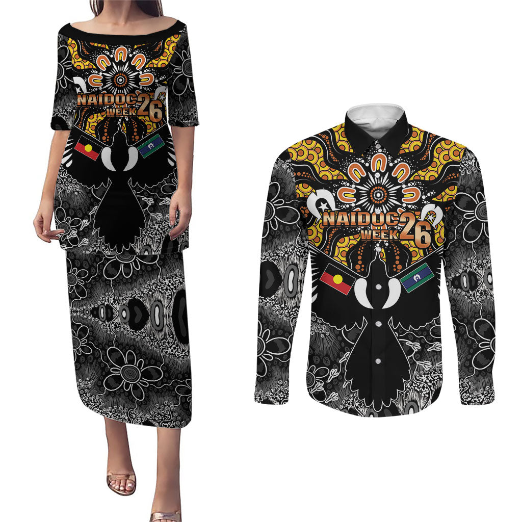 Magpies NAIDOC Week 2026 Personalised Couples Matching Puletasi and Long Sleeve Button Shirt Australian Aboriginal Torres Strait Islander Flag