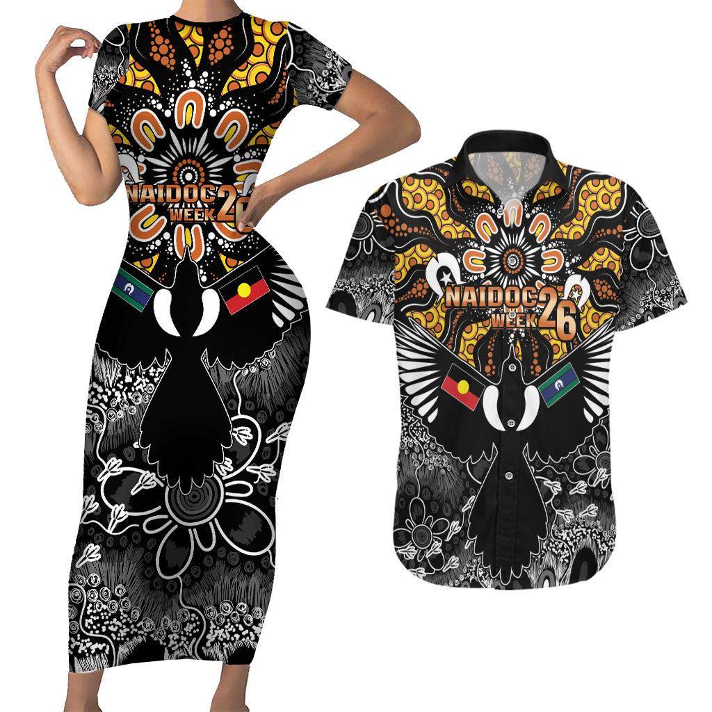 Magpies NAIDOC Week 2026 Personalised Couples Matching Short Sleeve Bodycon Dress and Hawaiian Shirt Australian Aboriginal Torres Strait Islander Flag
