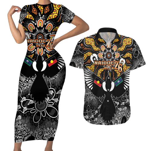 Magpies NAIDOC Week 2026 Personalised Couples Matching Short Sleeve Bodycon Dress and Hawaiian Shirt Australian Aboriginal Torres Strait Islander Flag