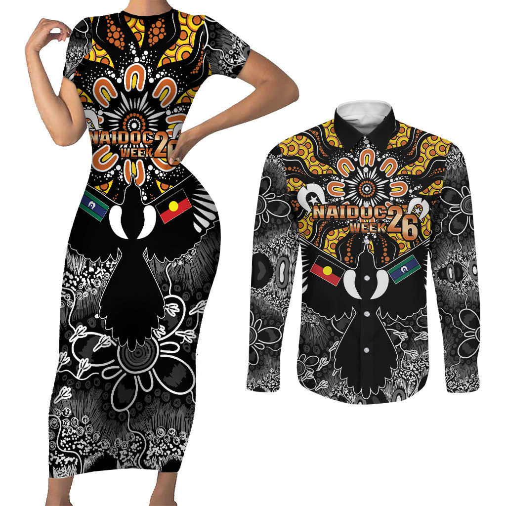 Magpies NAIDOC Week 2026 Personalised Couples Matching Short Sleeve Bodycon Dress and Long Sleeve Button Shirt Australian Aboriginal Torres Strait Islander Flag