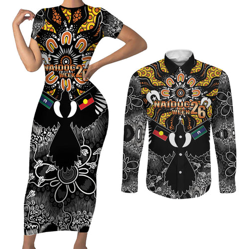 Magpies NAIDOC Week 2026 Personalised Couples Matching Short Sleeve Bodycon Dress and Long Sleeve Button Shirt Australian Aboriginal Torres Strait Islander Flag