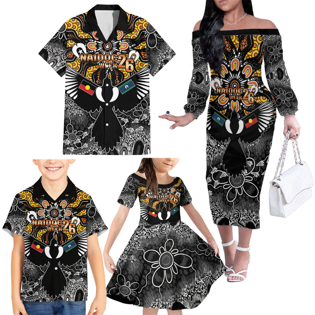 Magpies NAIDOC Week 2026 Personalised Family Matching Off The Shoulder Long Sleeve Dress and Hawaiian Shirt Australian Aboriginal Torres Strait Islander Flag