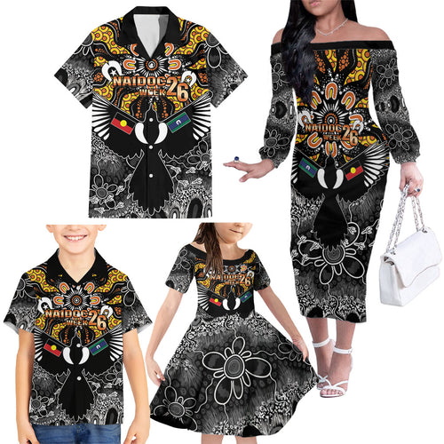 Magpies NAIDOC Week 2026 Personalised Family Matching Off The Shoulder Long Sleeve Dress and Hawaiian Shirt Australian Aboriginal Torres Strait Islander Flag