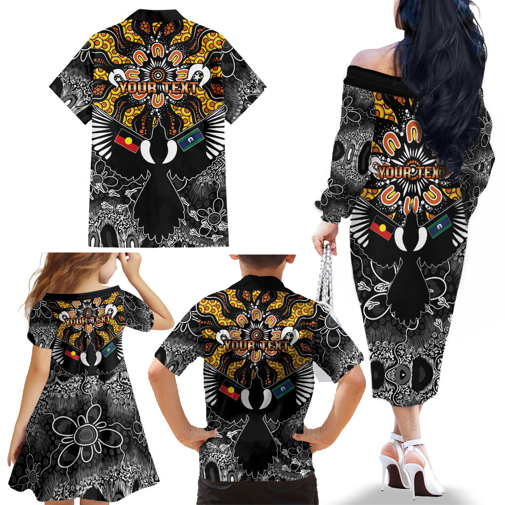 Magpies NAIDOC Week 2026 Personalised Family Matching Off The Shoulder Long Sleeve Dress and Hawaiian Shirt Australian Aboriginal Torres Strait Islander Flag