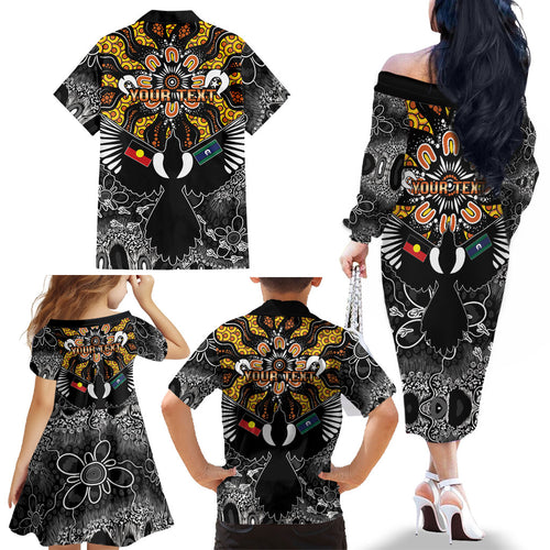 Magpies NAIDOC Week 2026 Personalised Family Matching Off The Shoulder Long Sleeve Dress and Hawaiian Shirt Australian Aboriginal Torres Strait Islander Flag