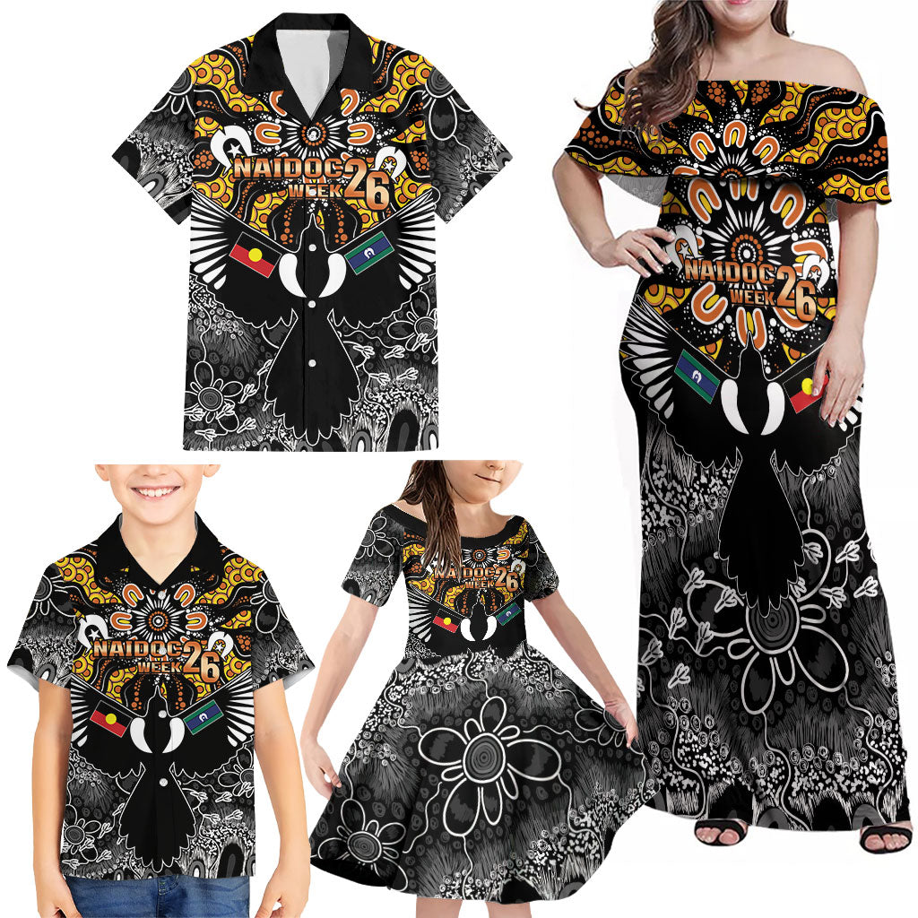 Magpies NAIDOC Week 2026 Personalised Family Matching Off Shoulder Maxi Dress and Hawaiian Shirt Australian Aboriginal Torres Strait Islander Flag