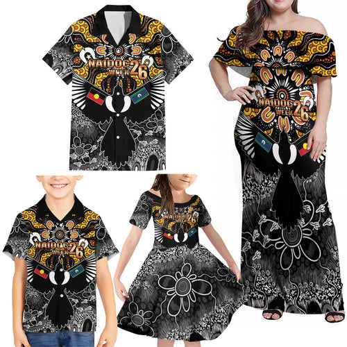 Magpies NAIDOC Week 2026 Personalised Family Matching Off Shoulder Maxi Dress and Hawaiian Shirt Australian Aboriginal Torres Strait Islander Flag