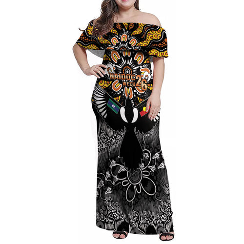 Magpies NAIDOC Week 2026 Personalised Family Matching Off Shoulder Maxi Dress and Hawaiian Shirt Australian Aboriginal Torres Strait Islander Flag