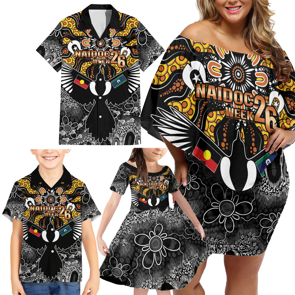 Magpies NAIDOC Week 2026 Personalised Family Matching Off Shoulder Short Dress and Hawaiian Shirt Australian Aboriginal Torres Strait Islander Flag