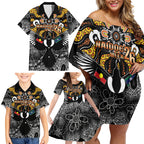 Magpies NAIDOC Week 2026 Personalised Family Matching Off Shoulder Short Dress and Hawaiian Shirt Australian Aboriginal Torres Strait Islander Flag