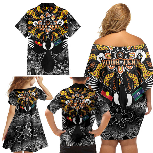 Magpies NAIDOC Week 2026 Personalised Family Matching Off Shoulder Short Dress and Hawaiian Shirt Australian Aboriginal Torres Strait Islander Flag