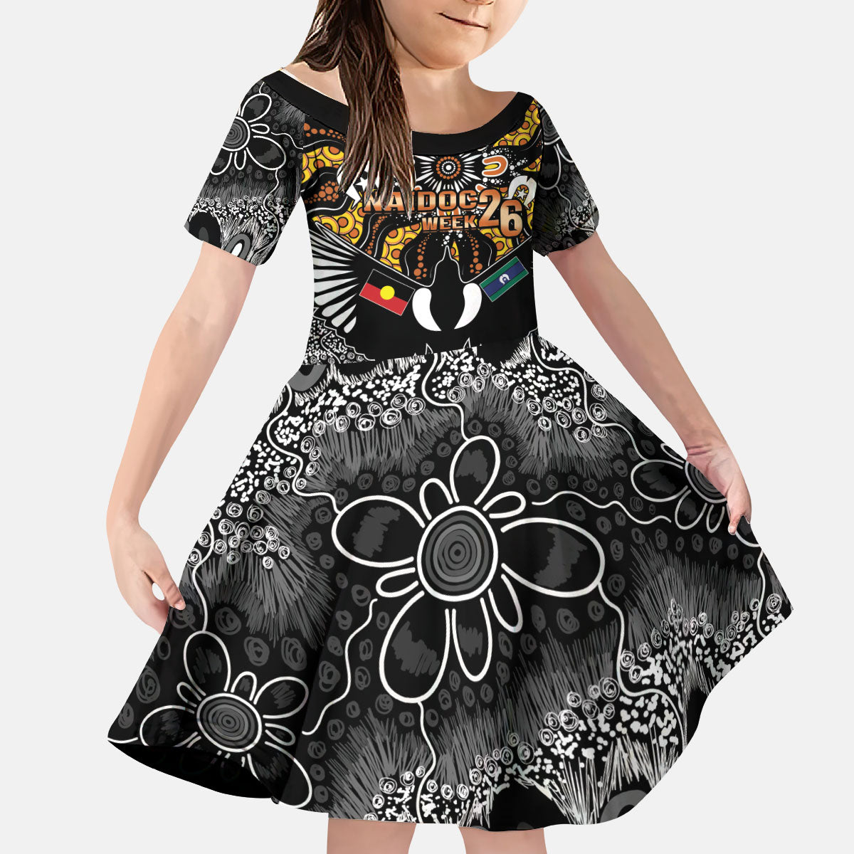 Magpies NAIDOC Week 2026 Personalised Kid Short Sleeve Dress Australian Aboriginal Torres Strait Islander Flag