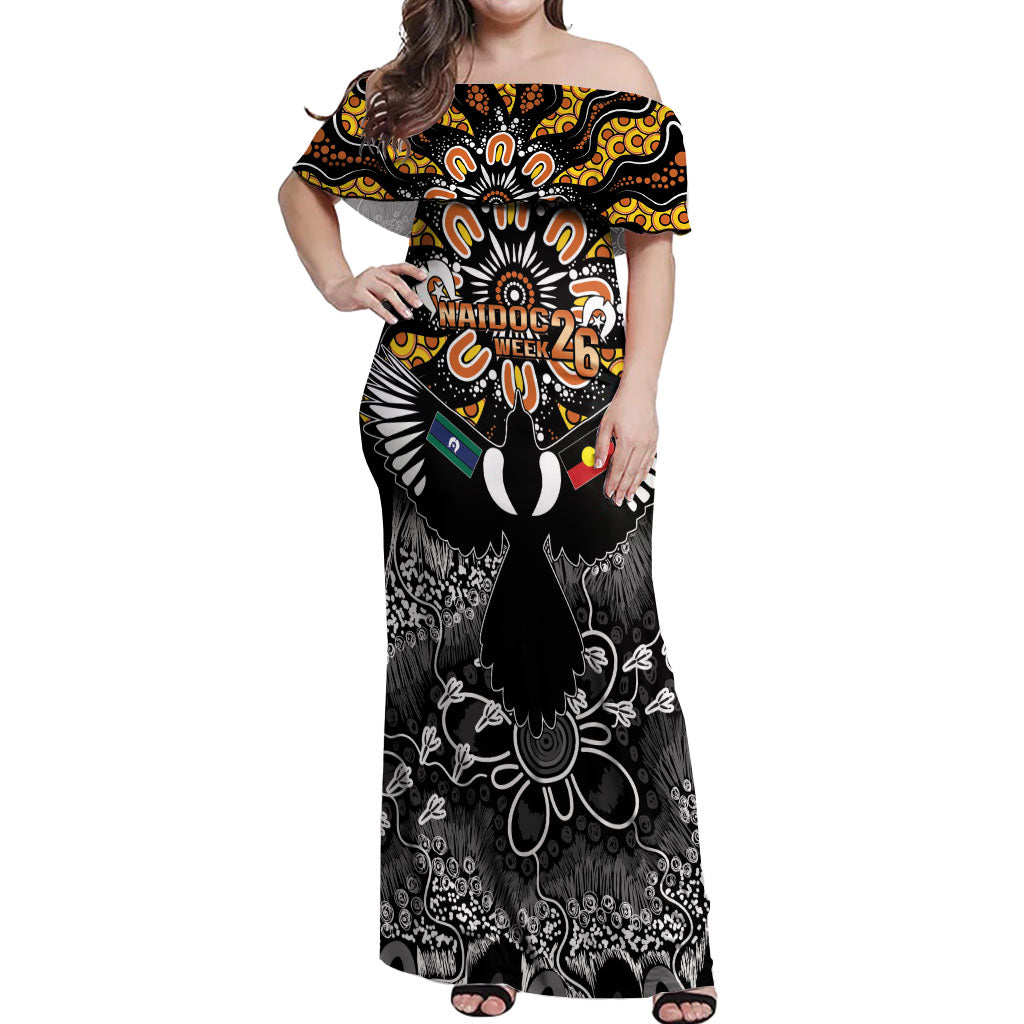 Magpies NAIDOC Week 2026 Personalised Off Shoulder Maxi Dress Australian Aboriginal Torres Strait Islander Flag